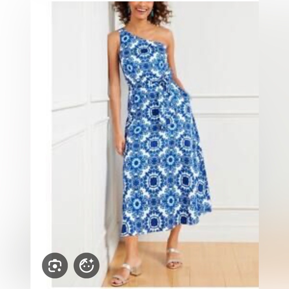 Talbots One-Shoulder Blue Mosaic Maxi Dress Size 8